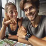 A girl and a guy looking at a watch, predicting their marathon time